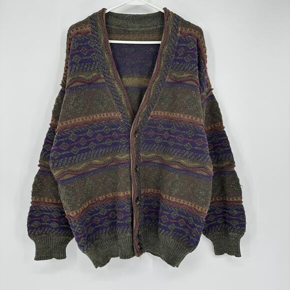 Vintage Cardigan Sweater Mens Extra Large Green Purple Wool Alpaca Made Italy - Picture 1 of 16
